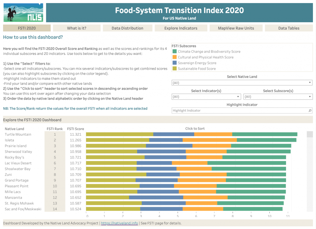 This screenshot shows the first tab of the Food System Transition Index dashboard.
