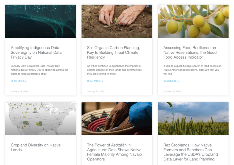 A screenshot of six blog posts on the NLIS: Amplifying Indigenous Data Sovereignty on National Data Privacy Day, Soil Organic Carbon Planning, Key to Building Tribal Climate Resiliency, Assessing Food Resilience on Native Reservations: the Good Food Access Indicator, Cropland Diversity on Native Lands, The Power of Asdzáán in Agriculture: Data Shows Native Female Majority Among Navajo Operators, and Rez Croplands: How Native Farmers and Ranchers Can Leverage the USDA’s Cropland Data Layer for Land Planning.