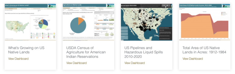 A screenshot of four data dashboards on the NLIS: What’s Growing on US Native Lands, USDA Census of Agriculture for American Indian Reservations, US Pipelines and Hazardous Liquid Spills 2010-2020, and Total Area of US Native Lands in Acres: 1912-1984. These represent just some of the many data tools on the NLIS.