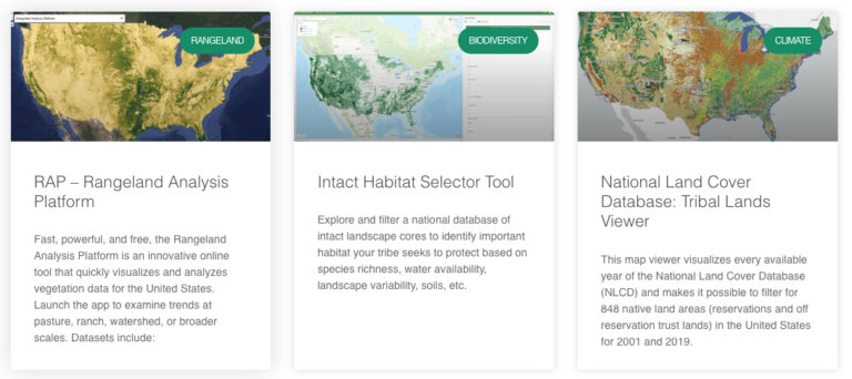 A screenshot of three thematic maps on the NLIS: RAP - Rangeland Analysis Platform, Intact Habitat Selector Tool, and National Land Cover Database: Tribal Lands Viewer. These represent just some of the many data tools on the NLIS.
