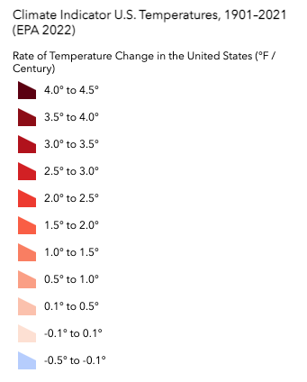 A screenshoot of the legend for the “U.S. Temperatures, 1901–2021 (EPA 2022)” map layer. To learn more, read about the NLIS’ Temperature Change Patterns on U.S. Native Lands thematic map.