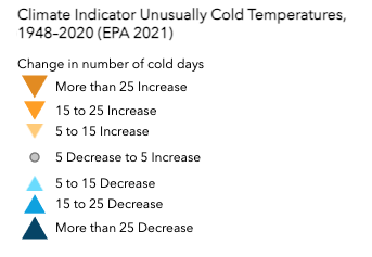 A screenshoot of the legend for the “Climate Indicator Unusually Cold Temperatures, 1948-2020 (EPA 2021)” map layer. To learn more, read about the NLIS’ Temperature Change Patterns on U.S. Native Lands thematic map.