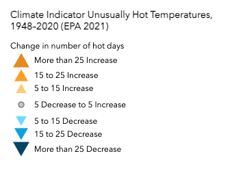 A screenshoot of the legend for the “Climate Indicator Unusually Hot Temperatures, 1948-2020 (EPA 2021)” map layer. To learn more, read about the NLIS’ Temperature Change Patterns on U.S. Native Lands thematic map.