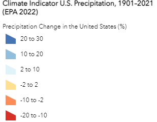 A screenshot of the legend for the “Climate Indicator U.S. Precipitation, 1901–2021 (EPA 2022)​” map layer. To learn more, read about the NLIS’ Change in Rain & Snow Patters on U.S. Native Lands thematic map.