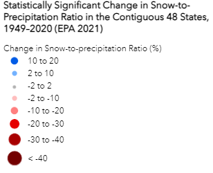 A screenshot of the legend for the “Change in Snow-to-Precipitation Ratio in the Contiguous 48 States, 1949–2020 (EPA 2021)​” map layer. To learn more, read about the NLIS’ Change in Rain & Snow Patters on U.S. Native Lands thematic map.