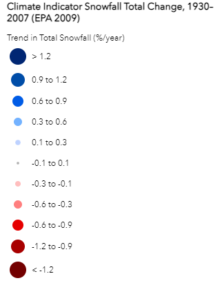 A screenshot of the legend for the “Climate Indicator Snowfall Total Change, 1930–2007 (EPA 2009)​” map layer. To learn more, read about the NLIS’ Change in Rain & Snow Patters on U.S. Native Lands thematic map.