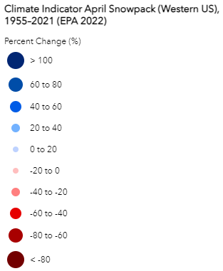 A screenshot of the legend for the “Climate Indicator April Snowpack (Western US), 1955–2021 (EPA 2022)​” map layer. To learn more, read about the NLIS’ Change in Rain & Snow Patters on U.S. Native Lands thematic map.