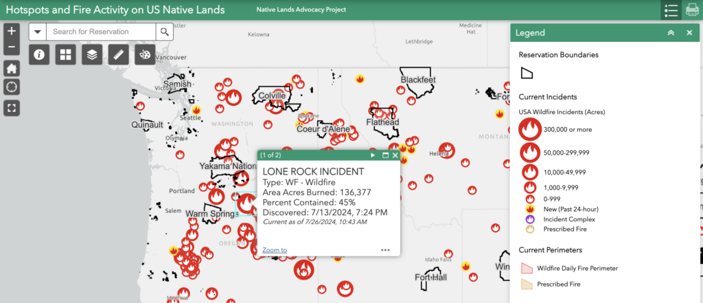 A screenshot of the Thermal Activity on US Native Lands map, which shows current hotspots and fires on Native lands across the United States.